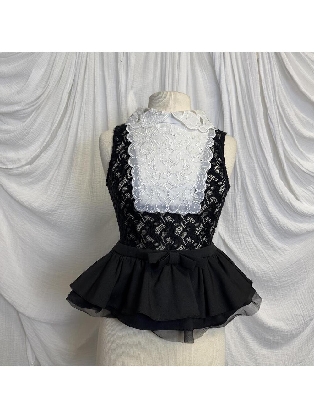 Y2k Preppy Whimsygoth Black Lace Peplum Top with White Lace Collar